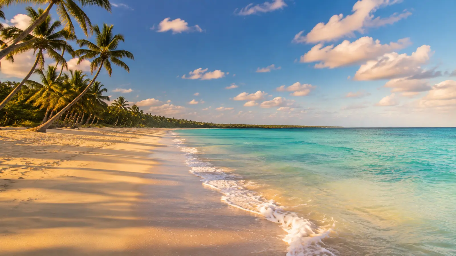 Leaning palms over warm golden sand and gentle turquoise surf on a Caribbean beach in winter light