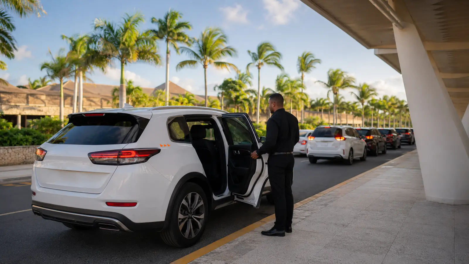 Travelers checking a ride app on a phone outside the arrivals doors at Punta Cana airport