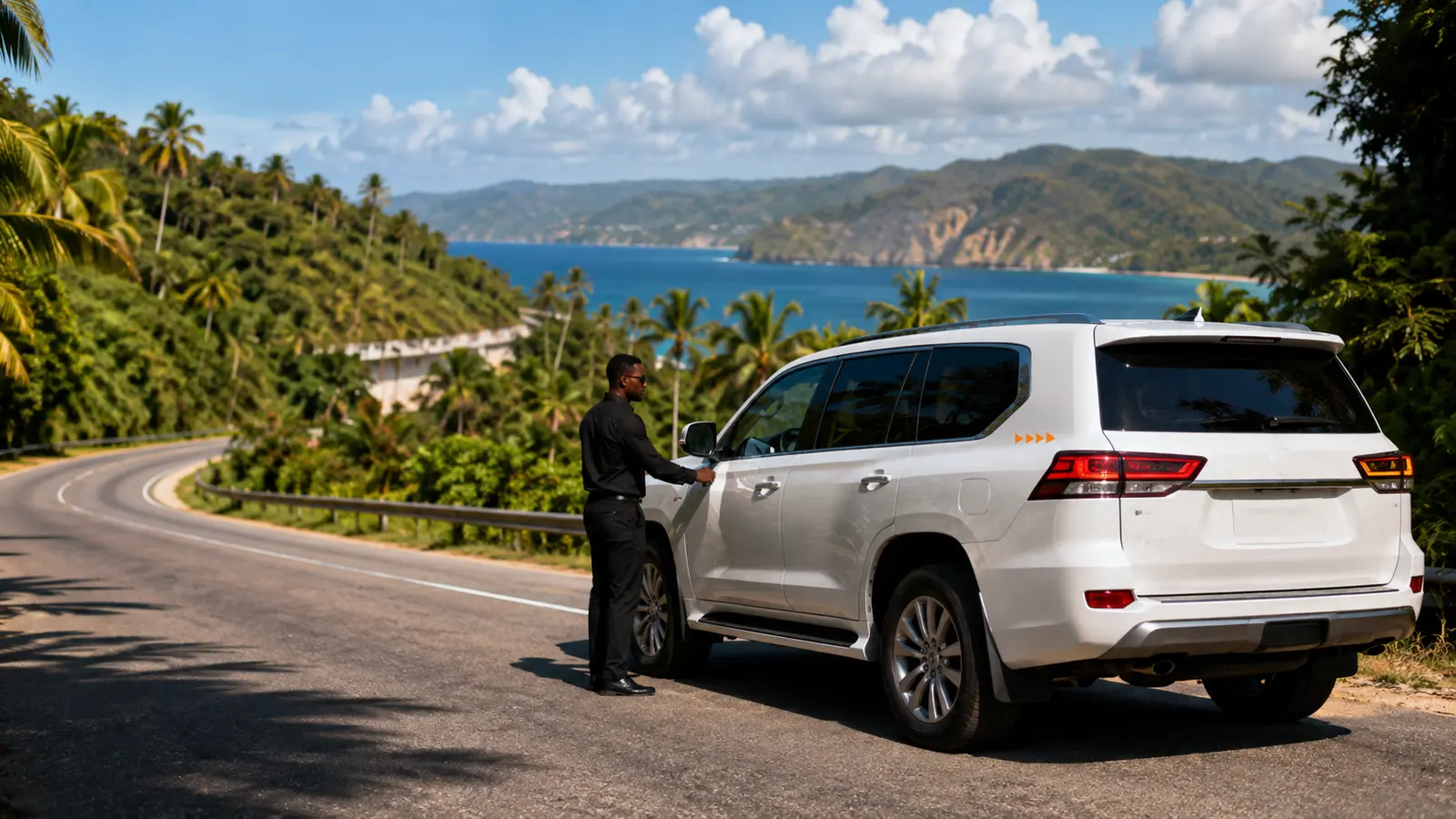 Travelers boarding a black chauffeured van at a lit resort arrival portico in Las Terrenas at dusk
