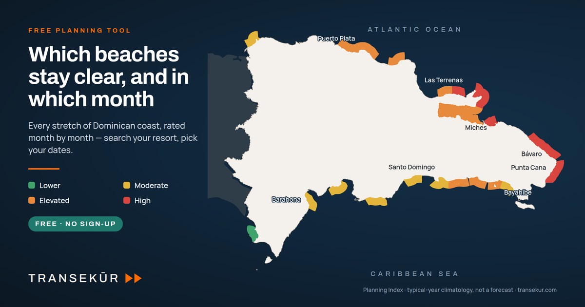 Sargassum planner map of the Dominican Republic with coastal stretches coloured by monthly rating