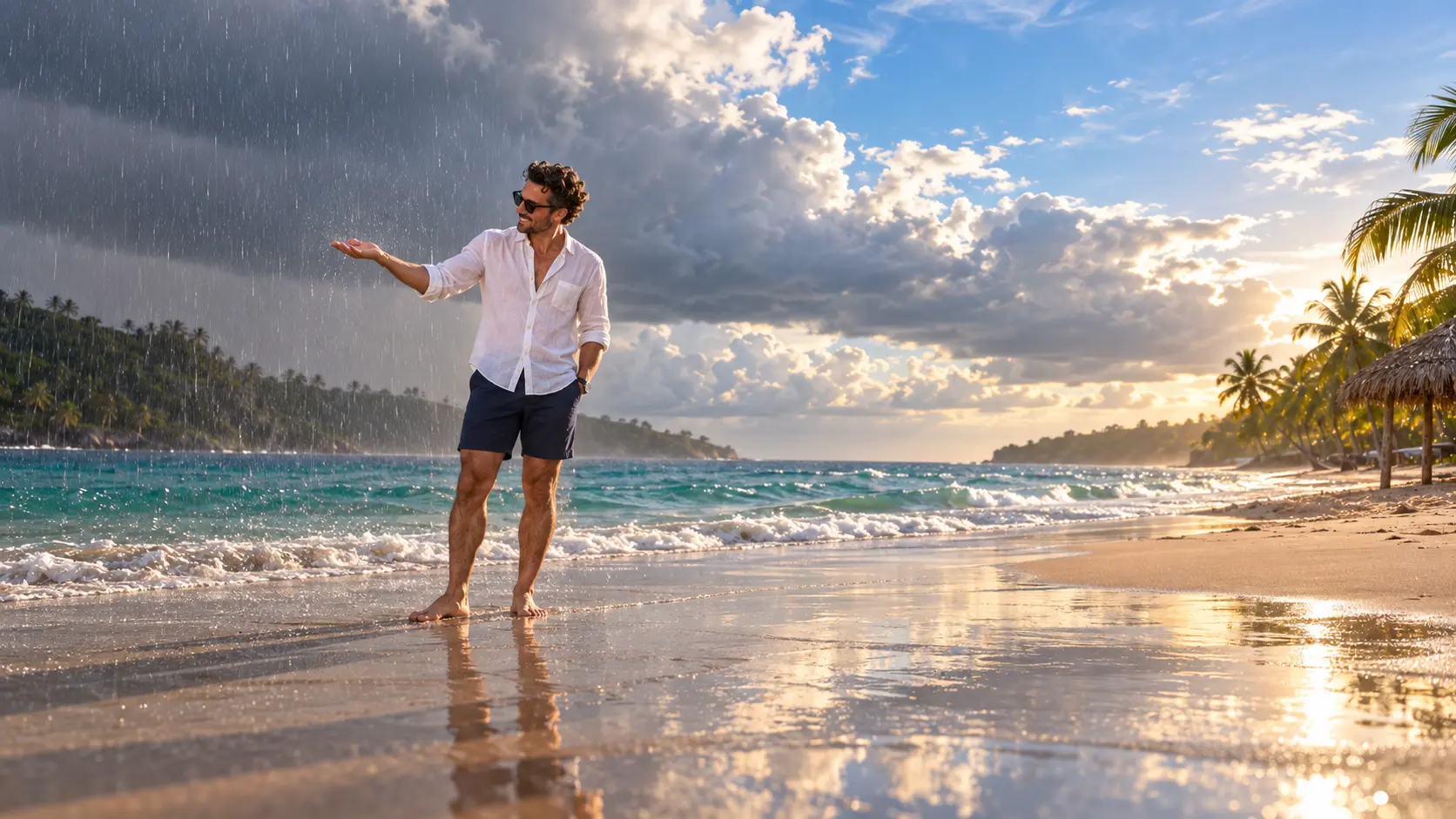 A traveler on wet sand at sunset with rain falling from one dark cloud while the rest of the sky over the sea stays bright