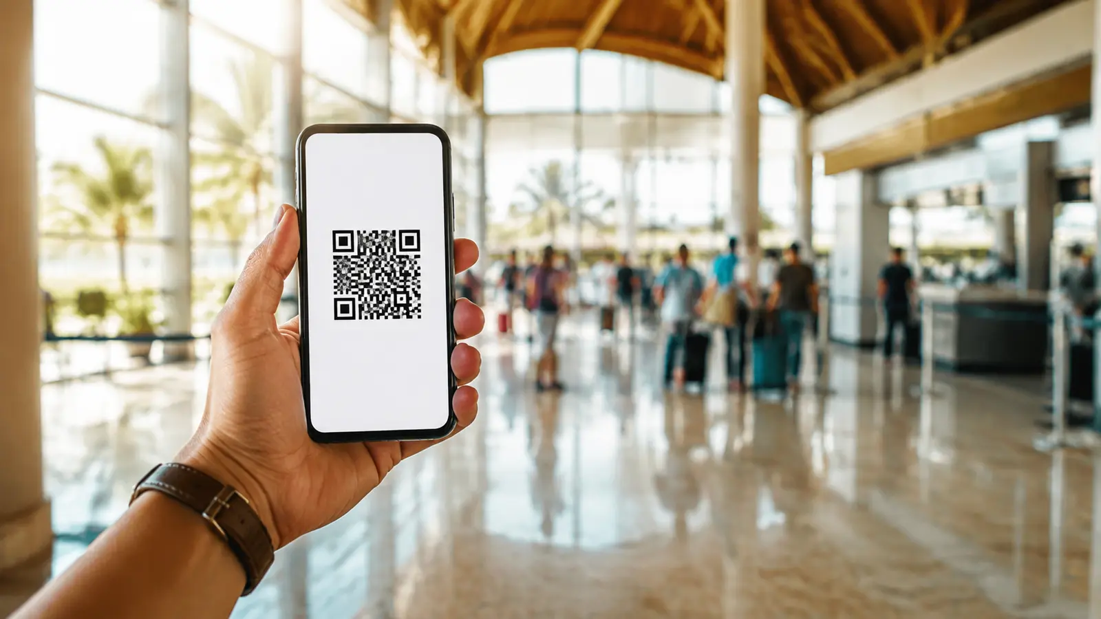 A traveler filling in the Dominican Republic electronic entry form on a phone at the airport
