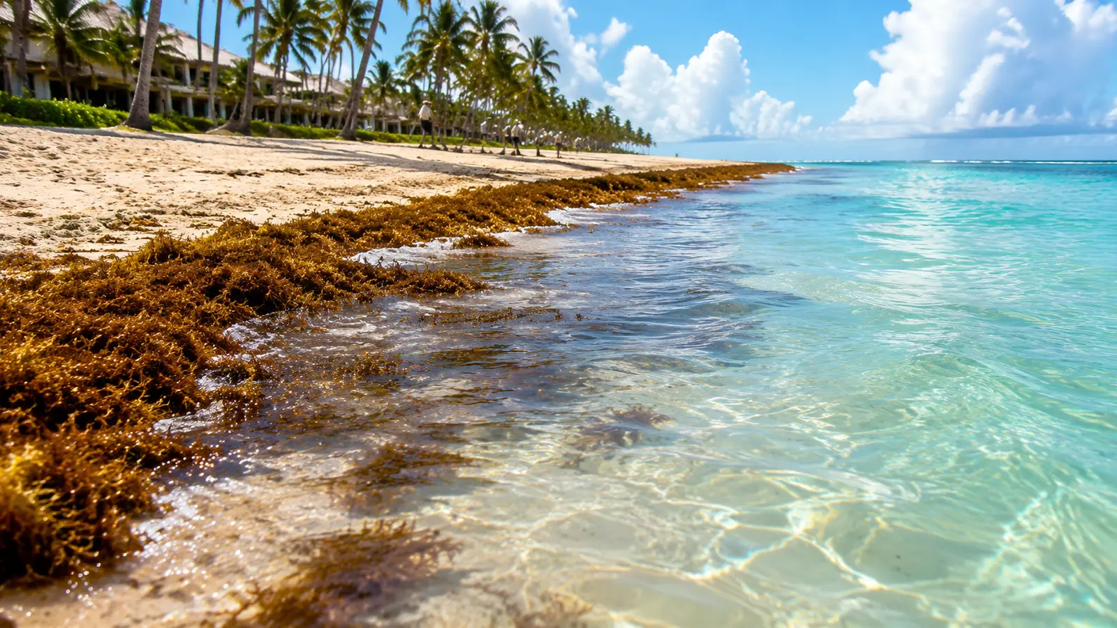 Sargassum seaweed washed along the waterline of a Punta Cana beach with clear water beyond it