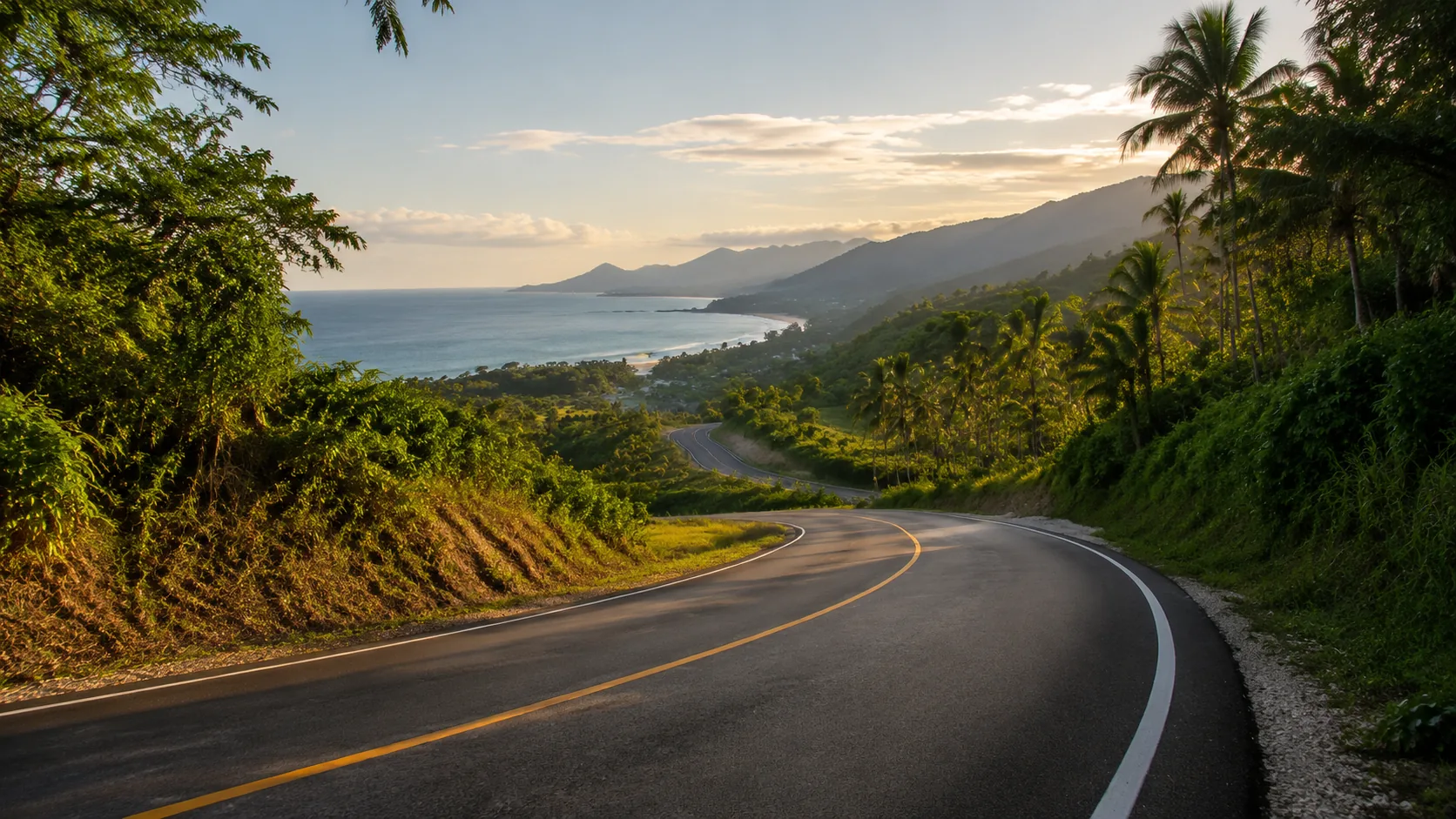 Coastal road curving toward the sea near Miches on the north coast