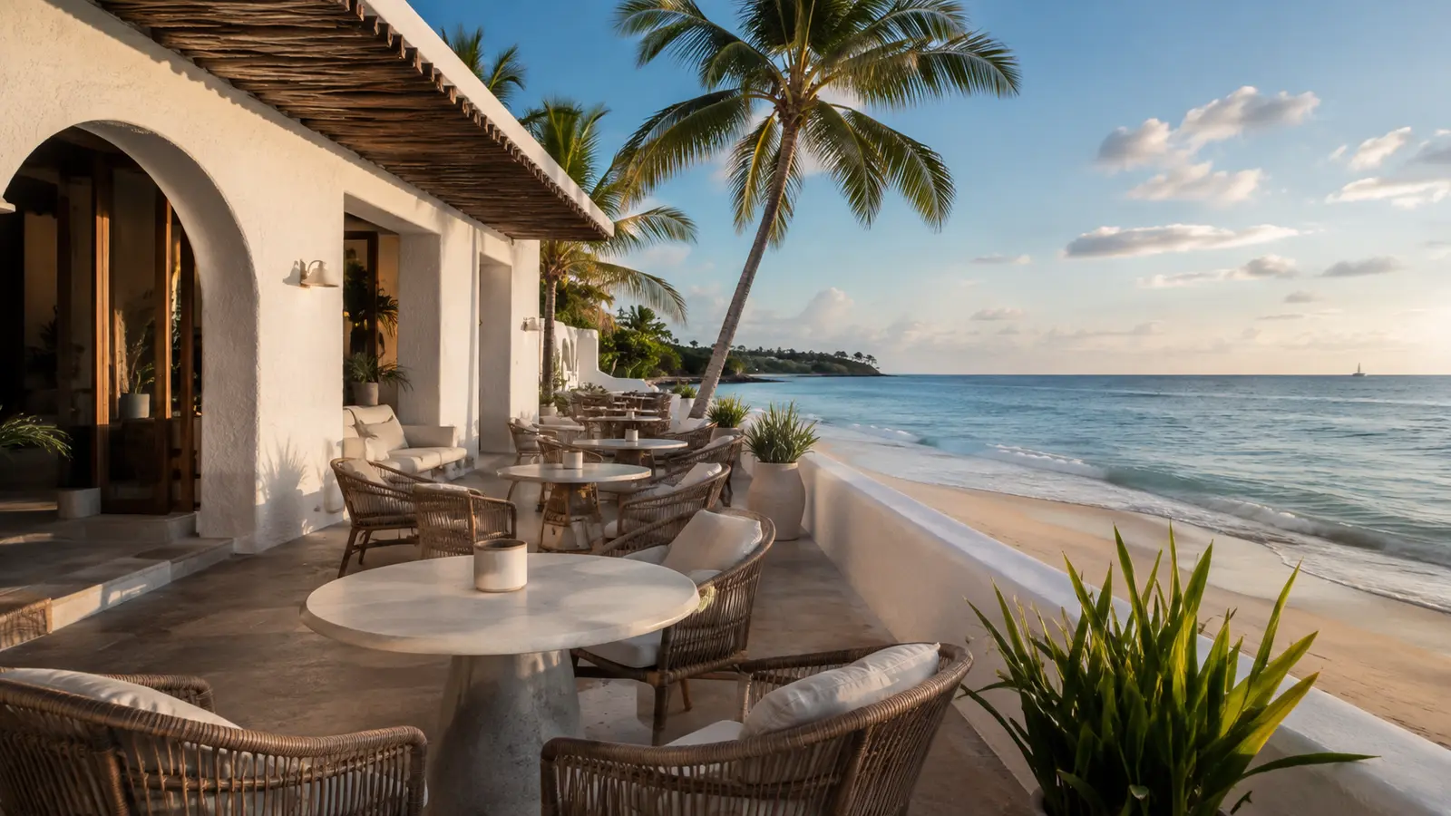 A whitewashed beachfront terrace with wicker seating overlooking calm Caribbean water at sunset