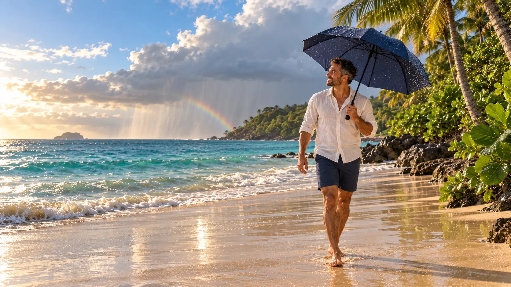 A traveler walking a Caribbean beach at sunset under an umbrella, with a passing rain shower and a rainbow over the sea