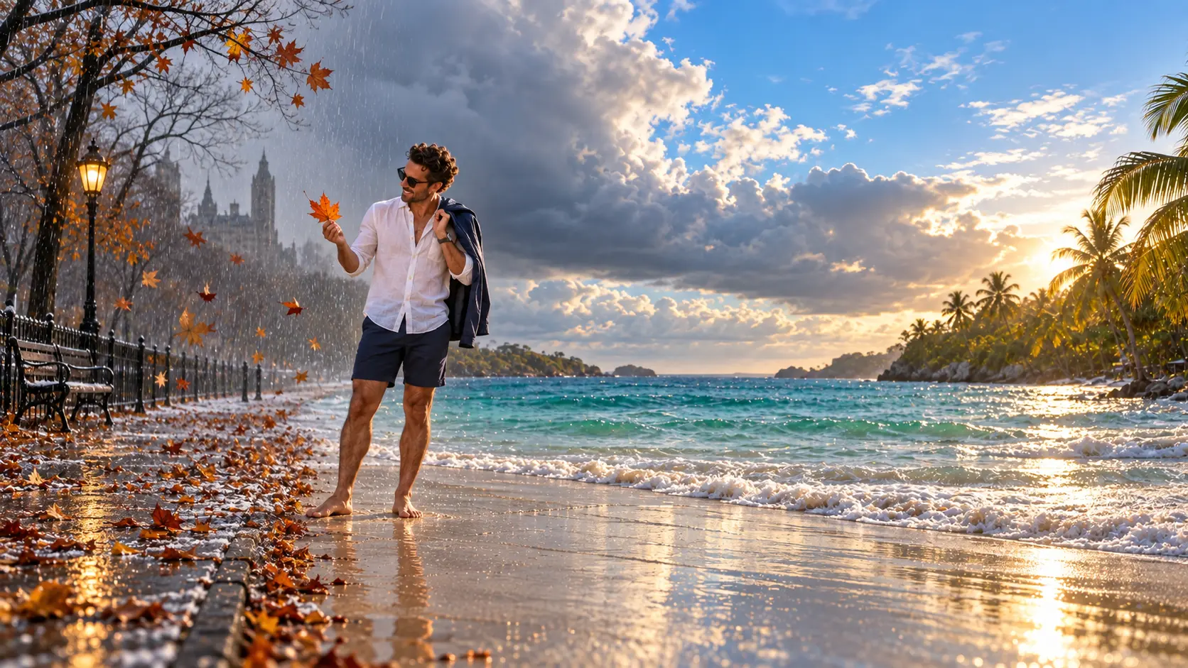 A sunlit Caribbean shoreline at sunset beside a cold, grey autumn promenade — the seasonal contrast travelers fly away from