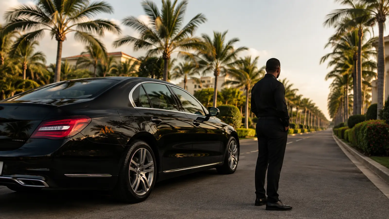 A black Mercedes E-Class sedan with a chauffeur opening the rear door at a hotel entrance