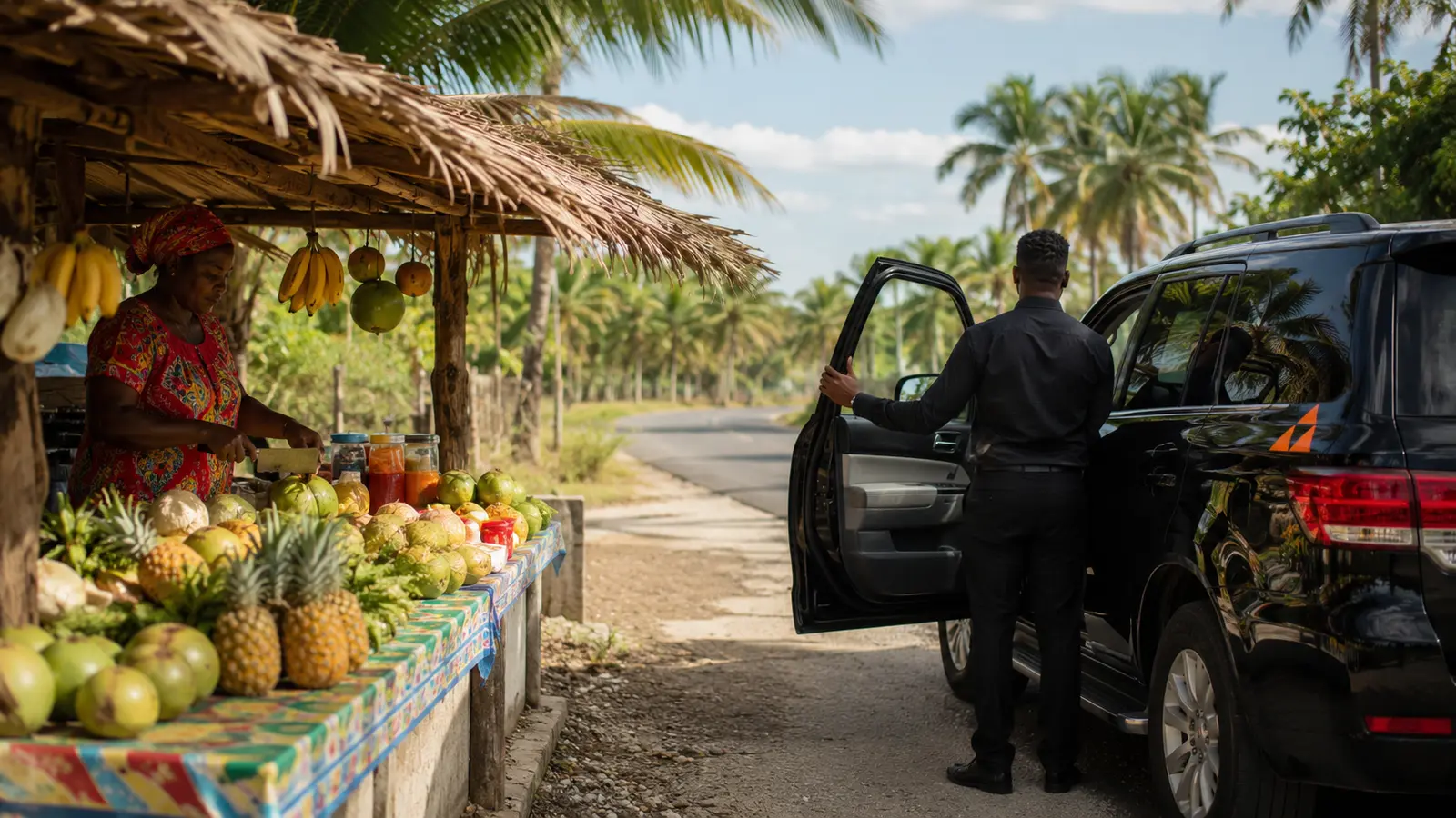 A roadside table of Dominican dishes and fresh fruit on the drive toward La Romana
