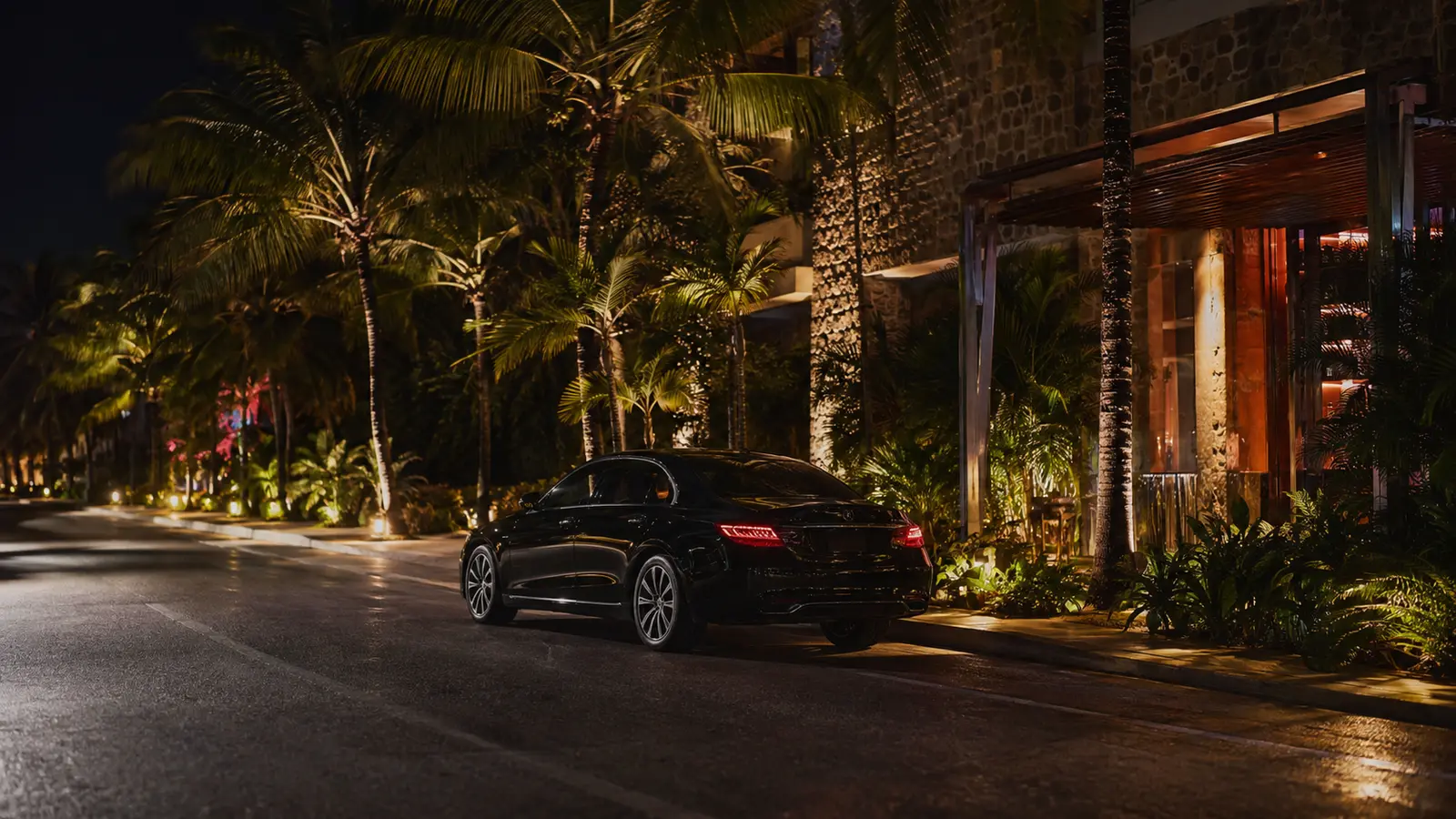 A black sedan waiting at the lit entrance of a Punta Cana venue on a palm-lined street at night