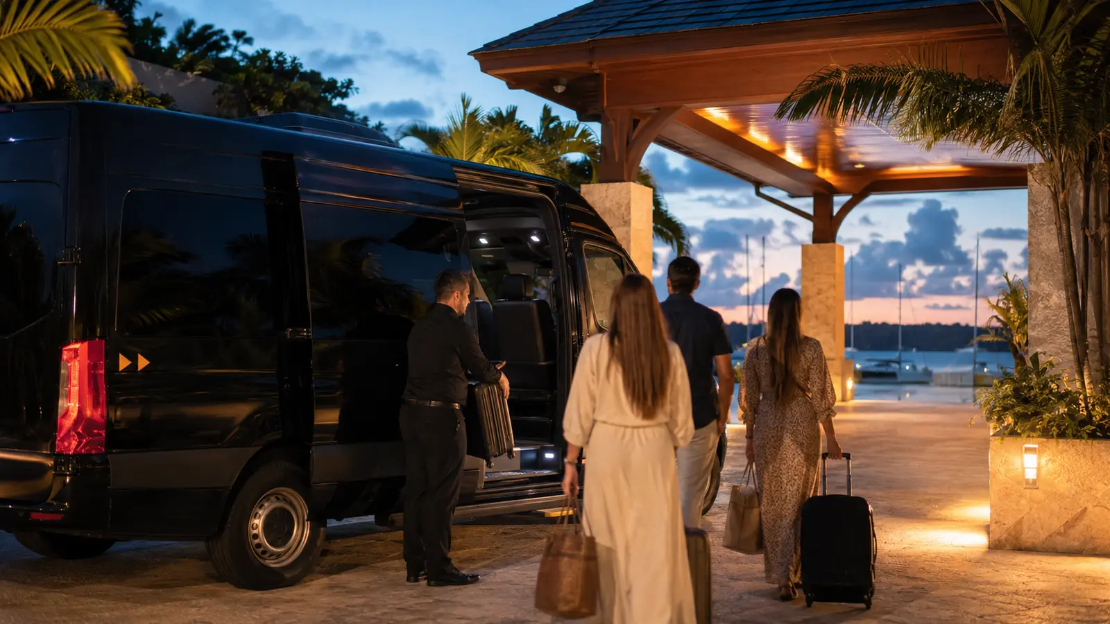 Travelers boarding a black chauffeured van at a lit resort arrival portico in Uvero Alto at dusk