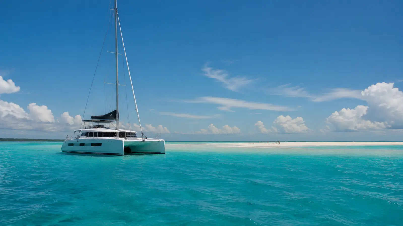 A white catamaran anchored in clear turquoise water beside a bright sandbar under a blue sky