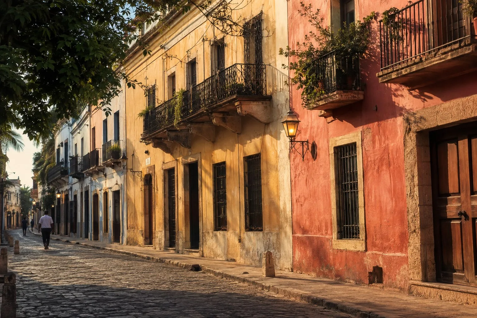 Colonial street with pastel facades and balconies in Santo Domingo's Zona Colonial