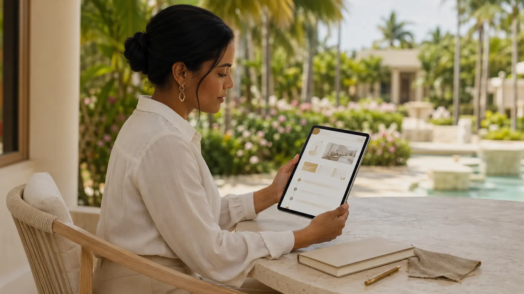 Wedding planner reviewing guest transfer requests on a tablet at an outdoor resort table