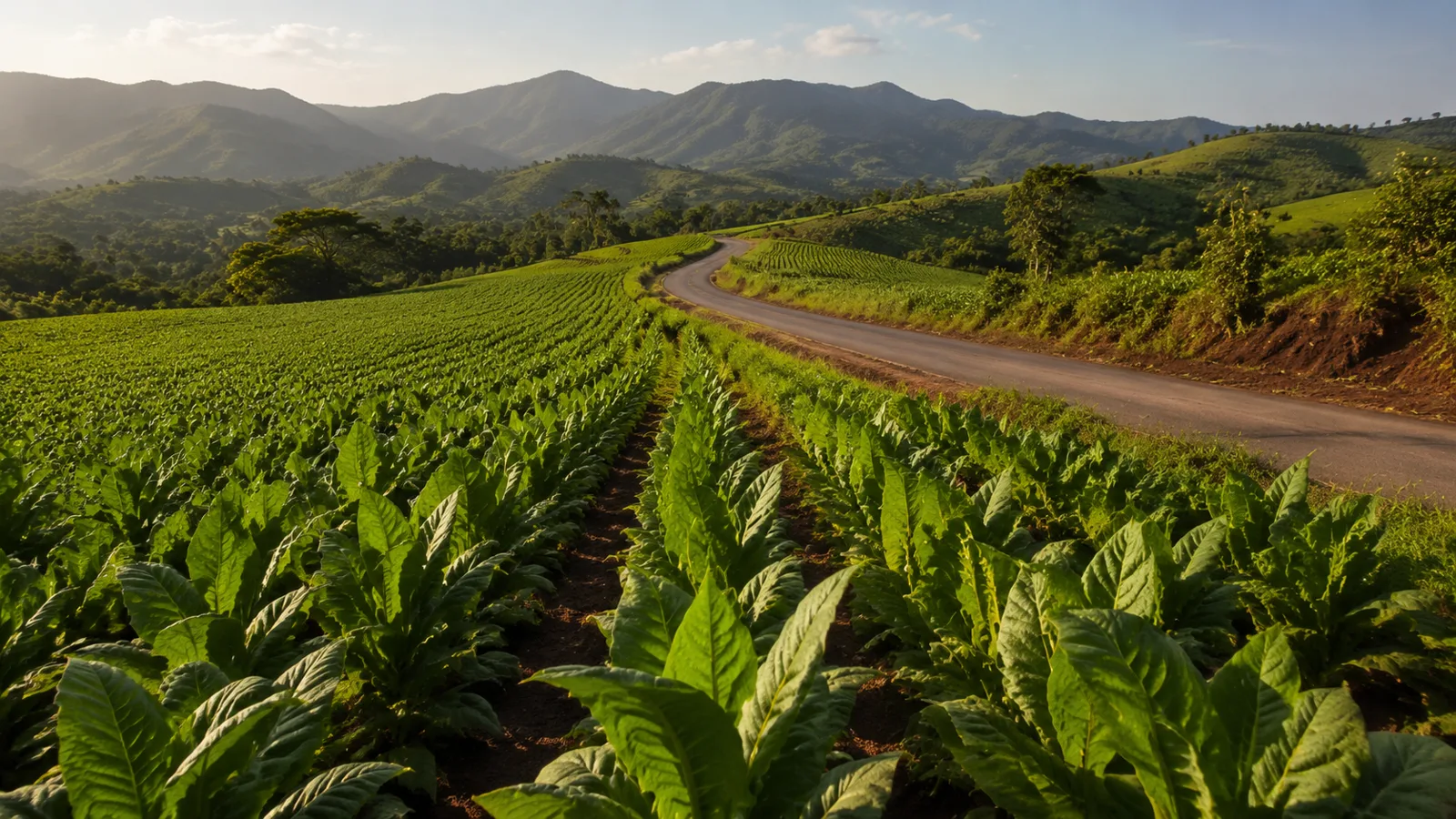 A country road curving through rows of tobacco plants in the Cibao valley outside Santiago