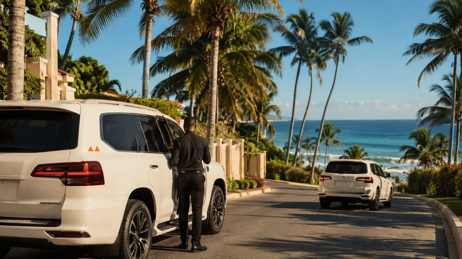 Travelers boarding a black chauffeured van at a lit resort arrival portico in Las Terrenas at dusk