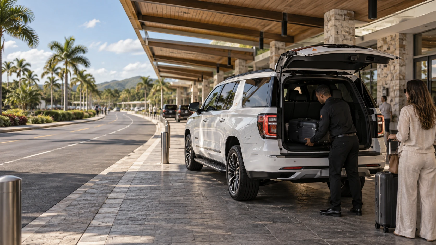 A chauffeur lifting a suitcase into a white SUV at a terminal pickup area