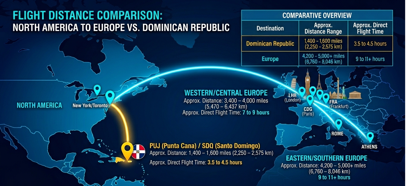 Comparación de la distancia de vuelo: Europa frente a la República Dominicana desde Norteamérica